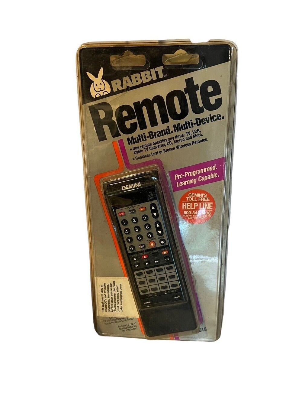 NOS Vintage 1990 Gemini RABBIT REMOTE Learning TV VCR CABLE MAC15 Universal